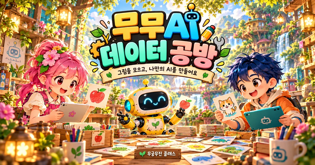 햇살 가득한 그림 공방에서 아이들과 작은 AI 로봇이 함께 그림을 모으는 모습. 무무AI 데이터 공방.